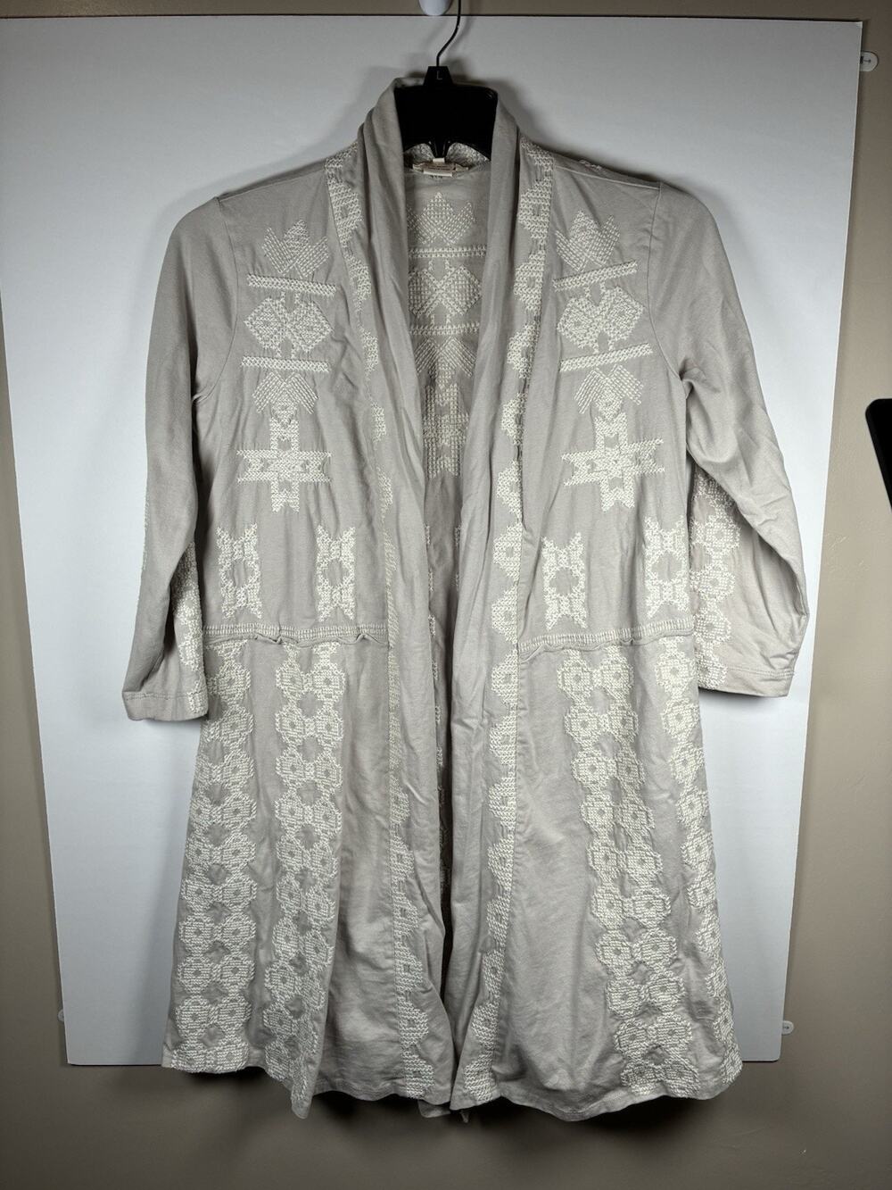 Sundance XS Gray Cotton Embroidered Open Front Duster Cardigan Boho Cottagecore